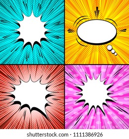 Comic light pages set with white speech bubbles rays sound radial dotted explosive halftone star shape humor effects. Vector illustration