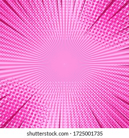 Fondo de color rosa claro cómico con rayos radiales y efectos de medio tono. Ilustración del vector