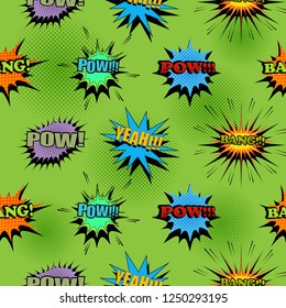 Comic light seamless pattern with colorful Pow Yeah Bang wordings and speech bubbles on green halftone background. Vector illustration