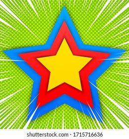 Comic light super concept with colorful stars and white speed rays on green halftone background. Vector illustration