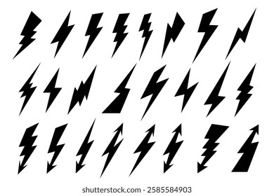 Comic lightning bolt elements in pop art style icon set.
A thunderstorm silhouette. Electrical flash icon, electric high power voltage symbol. Isolated on a white background. Vector Illustration