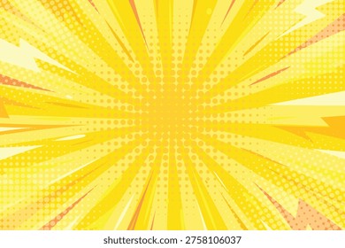 Comic lightning burst background. Yellow pop art halftone radial thunder flash and rays texture. Comic bright explosion backdrop with copy space for text.