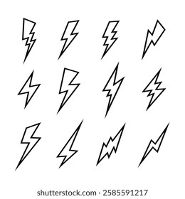 Comic lightning line elements in pop art style icon set. A thunderstorm silhouette. Electrical flash icon, electric high power voltage symbol. Isolated on a white background. Vector Illustration