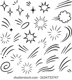 Comic line sparkle and movement elements set. black ink motion accents, burst effects, and dynamic hand drawn stroke symbols perfect for manga, cartoon, or pop art vector illustration