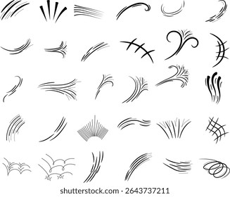 Comic line sparkle and movement elements set. Hand-drawn black ink dynamic strokes, speed lines, starbursts, swooshes, and pop-art accents. Perfect for manga, comic books, cartoon design, and motion e
