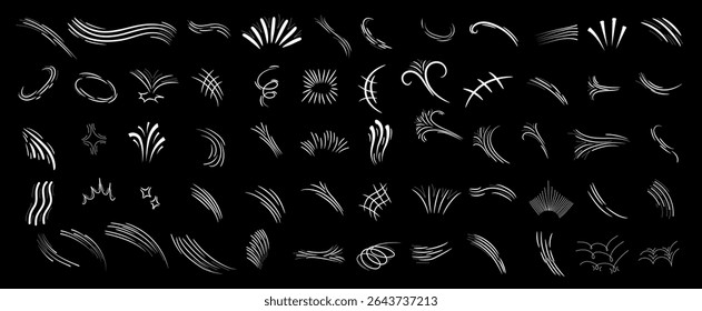 Comic line sparkle and movement elements set. Hand-drawn black ink dynamic strokes, speed lines, starbursts, swooshes, and pop-art accents. Perfect for manga, comic books, cartoon design, and motion e