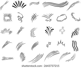 Comic line sparkle and movement elements set. Hand-drawn black ink dynamic strokes, speed lines, starbursts, swooshes, and pop-art accents. Perfect for manga, comic books, cartoon design, and motion e