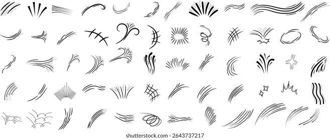 Comic line sparkle and movement elements set. Hand-drawn black ink dynamic strokes, speed lines, starbursts, swooshes, and pop-art accents. Perfect for manga, comic books, cartoon design, and motion e