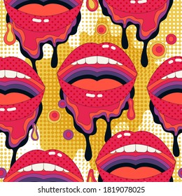 Comic lips background in mixed pop art, psychedelic style. Funky open mouth with teeth, dripping paint, polka dots seamless pattern . Bold vector illustration for fashion, poster, template design