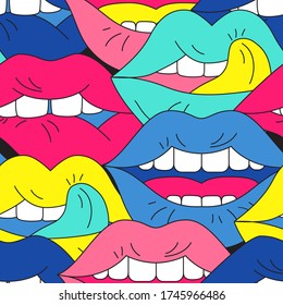 Comic Lips Background In Pop Art, Psychedelic Style. Funky Open Mouth With Teeth, Sensual Lips, Positive Emotions Seamless Pattern . Bold Vector Illustration For Unusual Contemporary Design