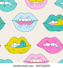 Comic lips background in pop art, psychedelic style. Funky open mouth with teeth, sensual lips, positive emotions seamless pattern. Vector illustration for unusual contemporary design in pastel colors