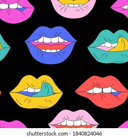Comic lips background in pop art, psychedelic style. Funky open mouth with teeth, sensual lips, positive emotions seamless pattern . Bold vector illustration for unusual contemporary design