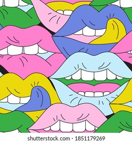 Comic lips background in pop art, psychedelic style. Funky open mouth with teeth, sensual lips, positive emotions seamless pattern . Bold vector illustration for unusual contemporary design