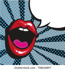 Comic Lips Shout Speech Bubble Pop Art On Dot Black Background Vector Illustration Stock