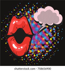 Comic lips smile Speech Bubble Pop Art On Dot black Background Vector Illustration art