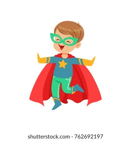 Comic little kid in colorful superhero costume jumping with hands up. Halloween costume. Vector flat super boy character.