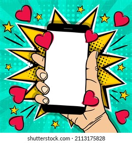 Comic love banner with mobile phone in hand on explosion background. Bubbles, smartphone and hearts in pop art style. Vector Template for Valentine's Day, design, banners, cards, coupons and posters.