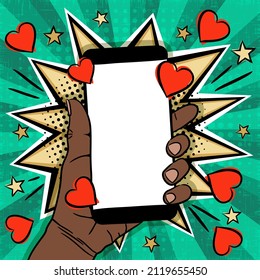 Comic love banner with mobile phone in balck hand on explosion background. Bubbles, smartphone and hearts in pop art style. Vector Template for Valentine's Day, design, banners, cards, coupons, poster
