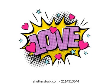 Comic Love Logo. Cartoon letters with hearts in pop art style. Vector illustration for sticker, badge, poster, banner or desing. Heading for congratulations, Valentines day
