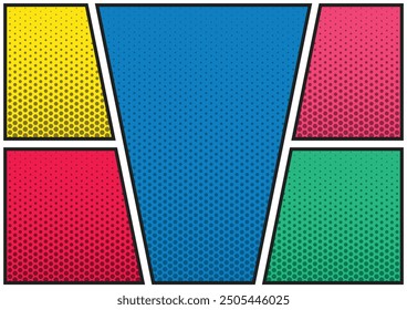 Comic magazine background set. Halftone dotted Comic blank layout template pop-art style. 5 frame for print social media and website