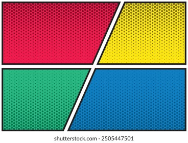 Comic magazine background set. Halftone dotted Comic blank layout template pop-art style. 4 frame for print social media and website