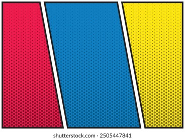 Comic magazine background set. Halftone dotted Comic blank layout template pop-art style. 3 frame for print social media and website