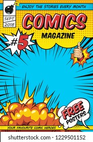 Comic Magazine Cover Template With Rays Explosive And Halftone Humor Effects Vector Illustration