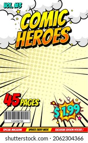 Comic magazine cover. Vintage comic book vector template. Book cover for comic cartoon magazine page illustration