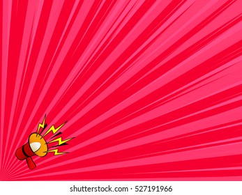 Comic magazine loudspeaker announcement background, attention window, color book concept