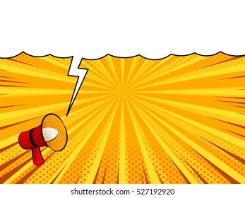 Comic magazine loudspeaker announcement background, attention window, color book concept poster