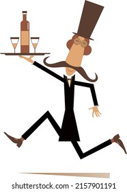 Comic man carries a tray with a bottle and two glasses. 
Running long mustache man in the top hat carries a tray with alcohol drink and drinking glasses isolated on white background
