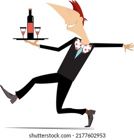 Comic man carries a tray with a bottle and two glasses illustration. 
Smiling man carries a tray with alcohol drink and glasses isolated on white background
