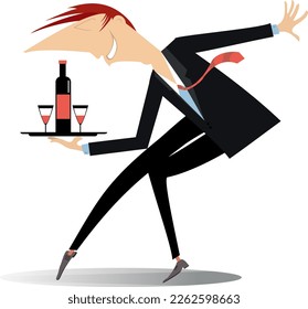 Comic man carries a tray with a bottle and two glasses illustration.
Smiling man carries a tray with alcohol drink and glasses. Isolated on white background
