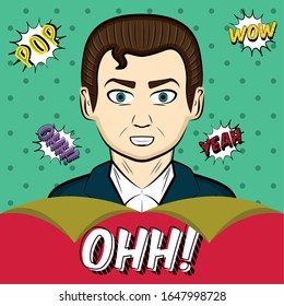 Hombre cómico con expresiones cómicas. Ilustración de arte pop - Vector