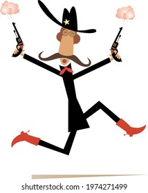 Comic man with guns in the hands illustration.
Running cowboy in the big hat fires the pistols isolated on white

