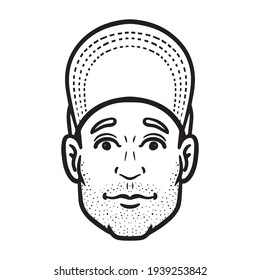 comic man head with baseball cap. monochrome, avatar, isolated.