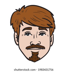 cabeza humorística con bigote y pelo castaño. avatar, aislado, vector.