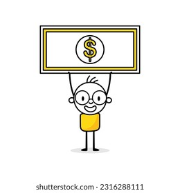 El hombre cómico tiene un dólar grande. Concepto financiero y bancario. Ilustración de material vectorial.