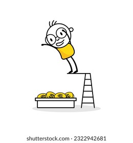 Comic man jump into coins. Happy millionaire with plenty of money, success businessman achieve financial freedom concept. Vector stock illustration.