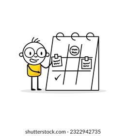 Comic man organizing his calendar. Stay organized strict to schedule and deadline, control working process, manage habit for better productivity concept. Vector stock illustration.
