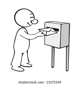 Comic man put a letter in the letter box