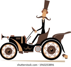 Comic Man In The Top Hat Drives A Retro Car Illustration. 
Long Mustache Gentleman In The Top Hat Drives A Retro Car Isolated On White
