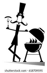 Comic man in the top hat and long mustaches frying sausages and steaks on the grill