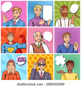 Comic Man Vector Popart Cartoon Businessman Character Speaking Bubble Speech Or Comicguy Expression Illustration Male Set Of Men In Pop Art Fashion Style Background.