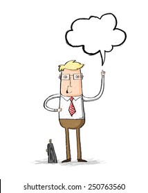Comic man in a white shirt and tie with case and speech bubble in vector. 