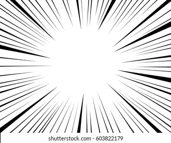 Comic and manga books speed lines background. Superhero action, explosion background. Black and white vector illustration