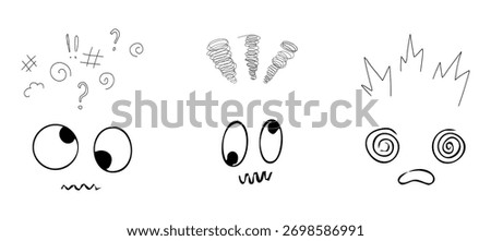 Comic manga effect angry exclamation expressions, hand drawn sketch line emoticon anime reaction set. Scribble anime dizzy marks 