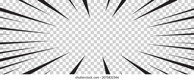 Comic manga effect transparent vector background, black speed radial line frame, zoom abstract pattern, black ray explosion. Superhero striped illustration