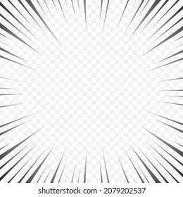 Comic manga radial lines with speed effect for comics book. Black and white explosion background. Flash ray blast glow. Vector frames