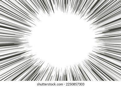 Comic manga radial lines with speed effect for comics book. Black and white explosion background. Flash ray blast glow. Vector frame